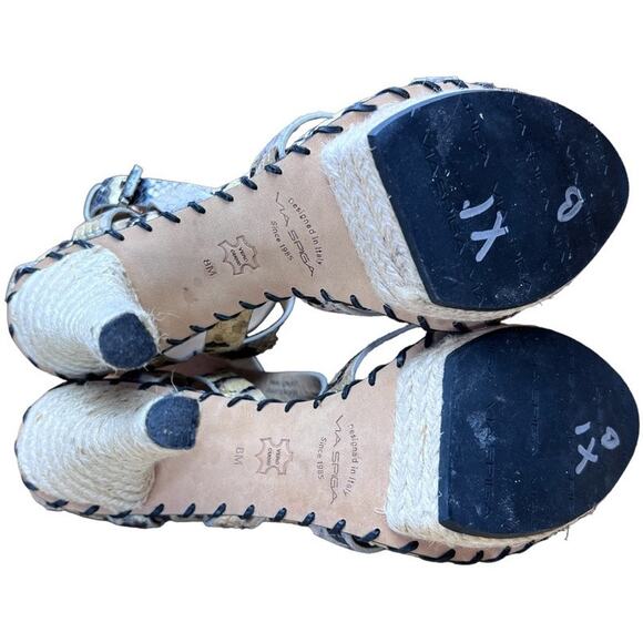 Via Spiga Snake Print Leather Platform Sandals Jute Wrapped Heel Size 8 Gray Tan - Picture 6 of 12